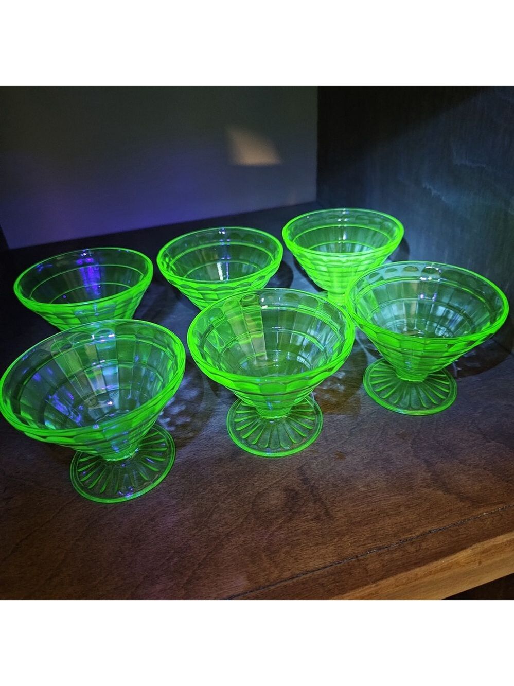 6pc Set 1930s Depression Glass Green Colonial OPTIC Footed Sherbet Dish WOW!